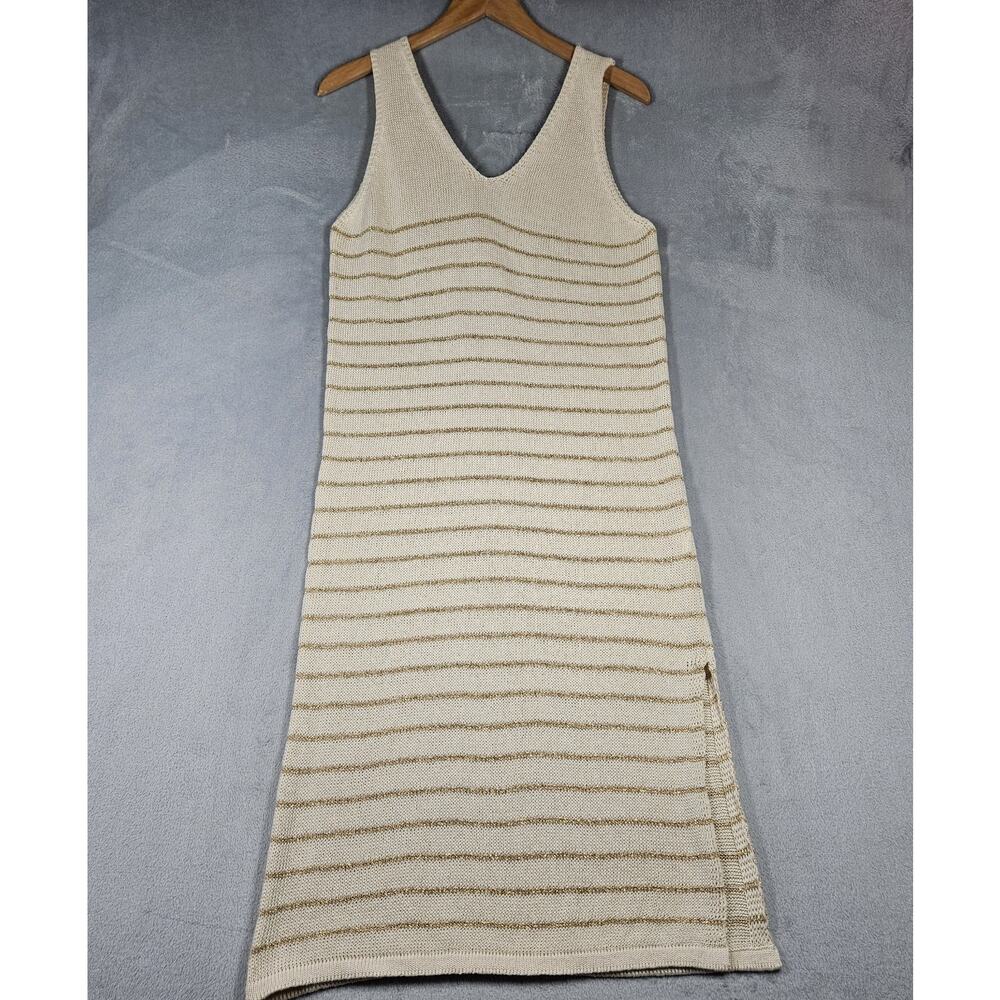 Floris Crochet Dress Women M/L Cream Gold Metallic Midi Knit Boho Fairy Italy